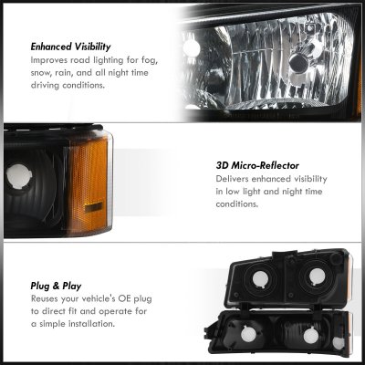Chevy Silverado 1500HD 2003-2006 Black Headlights Blackout Bumper Lights