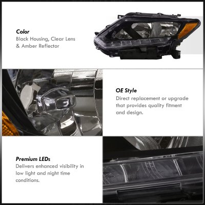 Black LED DRL Halogen Headlights For 2014-2016 Nissan Rogue – Pair (Left+Right) By SEBLAFF
