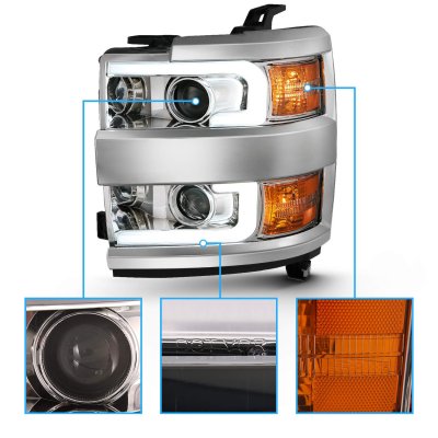 Chevy Silverado 2500HD 2015-2019 LED DRL Projector Headlights Chrome Bezels A1