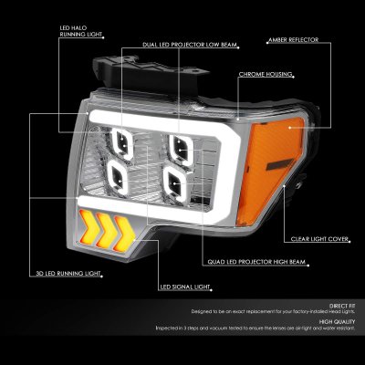 Ford F150 2009-2014 LED Projector Headlights Quad Halo DRL Signals