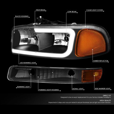 GMC Sierra 2500HD 2001-2006 Black Headlights Set LED DRL N2