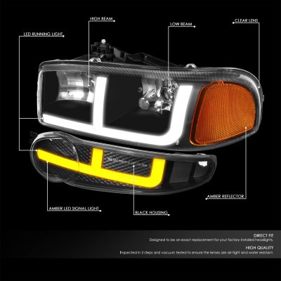 Racing_Gear Black LED DRL Headlight & Bumper Lamp Kit For GMC Yukon/Sierra Denali – Clear Reflector, 4-Piece Set