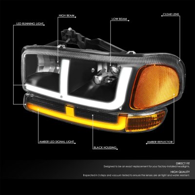 GMC Sierra 2500 1999-2004 Black LED DRL Headlights Switchback Bumper Lights N4
