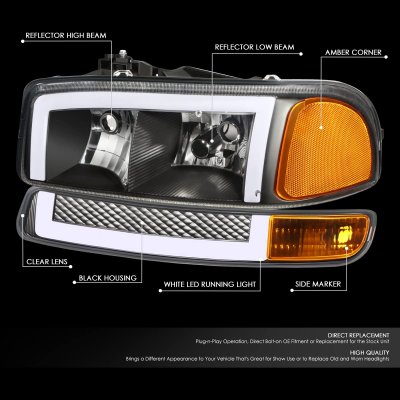 GMC Yukon XL 2000-2006 Black LED DRL Headlights Switchback Bumper Lights N5
