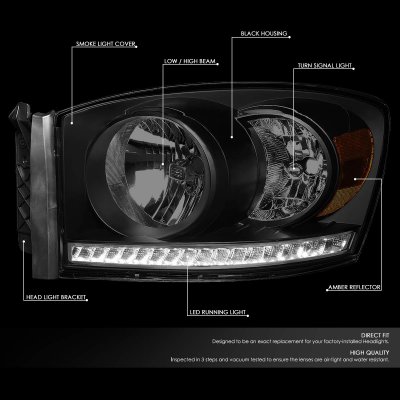 Dodge Ram 3500 2006-2009 Black Smoked Headlights LED Lights