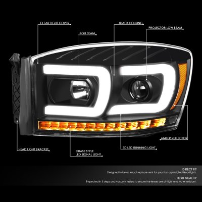 Dodge Ram 2500 2006-2009 Black Projector Headlights LED DRL Signals N2