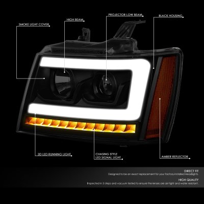 Chevy Avalanche 2007-2013 Black Smoked Projector Headlights LED DRL Signals N5