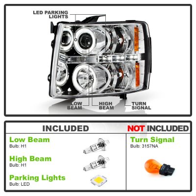 Chevy Silverado 2500HD 2007-2014 Clear Dual Halo Projector Headlights with LED
