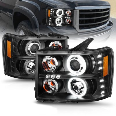 GMC Sierra Denali 2008-2014 Black Projector Headlights with Halo and LED