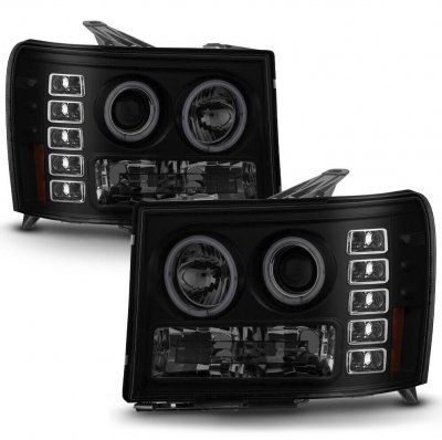 GMC Sierra 2007-2013 Black Smoked Dual Halo Projector Headlights with LED