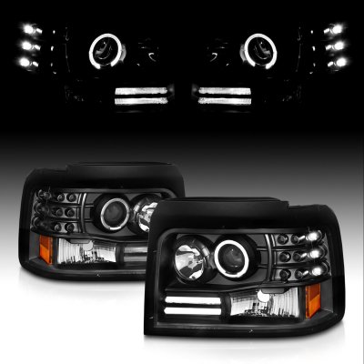 Ford F350 1992-1996 Black Projector Headlights with Halo and LED