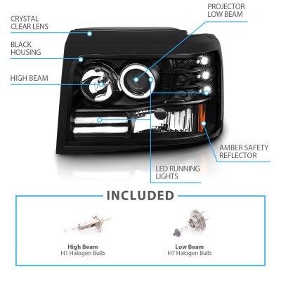 Ford F350 1992-1996 Black Projector Headlights with Halo and LED