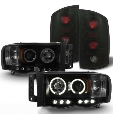 Dodge Ram 2002-2005 Black Smoked Halo Projector Headlights and Tail Lights