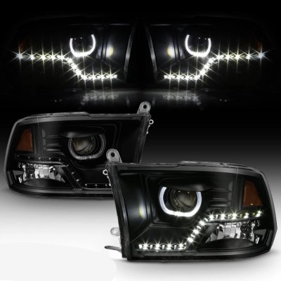 Dodge Ram 2009-2018 Black Smoked Halo Projector Headlights LED DRL