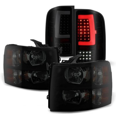 Chevy Silverado 2500HD 2007-2014 Black Smoked Headlights LED Tail Lights Tube