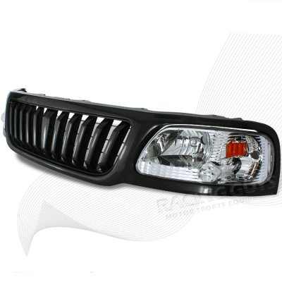 Ford Expedition 1999-2002 Black Vertical Grille and Clear Euro Headlights Set