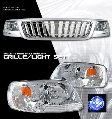 Ford Expedition 1999-2002 Chrome Vertical Grille and Clear Euro Headlights Set
