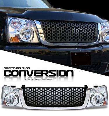 Chevy Silverado 2003-2005 Black Round Hole Mesh Grille and Headlight Conversion Kit