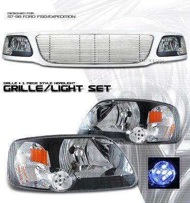 Ford F150 1997-1998 Chrome Billet Grille and Black Euro Headlights Set