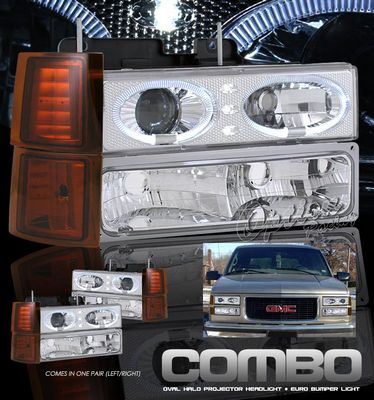 Chevy Suburban 1994-1999 Clear Halo Projector Headlights and Bumper Lights Set