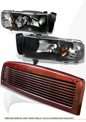 Dodge Ram 1994-2001 Red Billet Grille and Black Euro Headlights Set