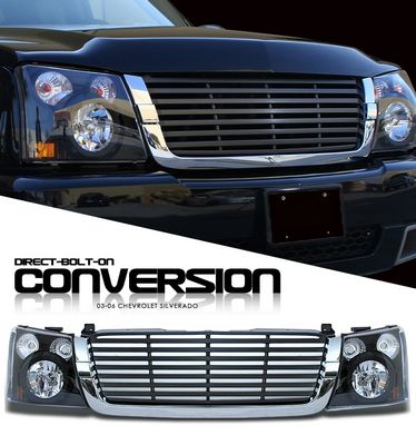 Chevy Silverado 2003-2005 Chrome Trim Black Billet Grille and Headlight Conversion Kit