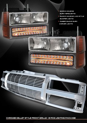 GMC Sierra 3500 1994-2000 Chrome Billet Grille and Smoked Headlights with Bumper Lights