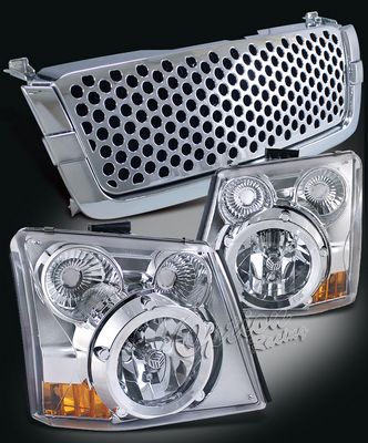 Chevy Silverado 2003-2005 Chrome Round Hole Mesh Grille and Headlight Conversion Kit