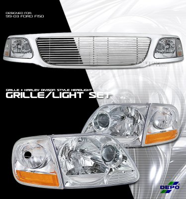 Ford Expedition 1999-2002 Chrome Billet Grille and Depo Clear Headlights Set