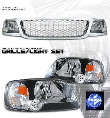 Ford Expedition 1999-2002 Chrome Mesh Grille and Black Euro Headlights Set