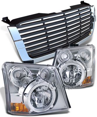 Chevy Silverado 2003-2005 Chrome Trim Black Billet Grille and Clear Headlight Conversion Kit