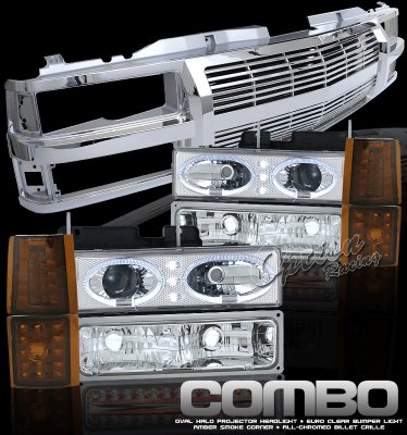 Chevy Suburban 1994-1999 Chrome Billet Grille and Halo Projector Headlights