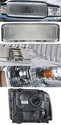 Ford F250 Super Duty 2005-2007 Chrome Vertical Grille and Clear Headlights Set