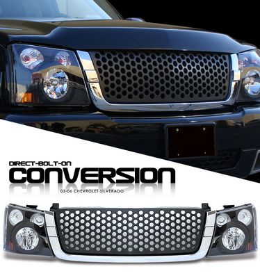 Chevy Avalanche 2003-2006 Chrome Trim Black Round Hole Grille and Headlight Conversion Kit