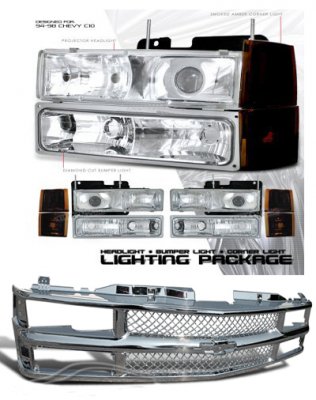 Chevy Silverado 1994-1998 Chrome Mesh Grille and Clear Projector Headlights
