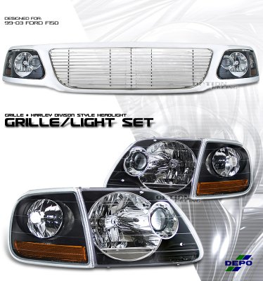 Ford F150 1999-2003 Chrome Billet Grille and Depo Black Headlights Set