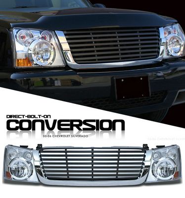 Chevy Silverado 2003-2005 Chrome Trim Black Billet Grille and Clear Headlight Conversion Kit