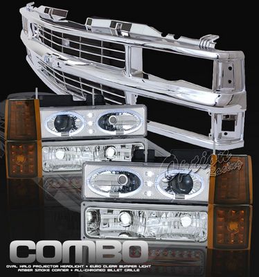 Chevy Silverado 1994-1998 Chrome Grille and Clear Halo Projector Headlights Set