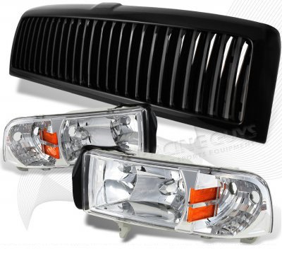 Dodge Ram 1994-2001 Black Vertical Grille and Clear Euro Headlights Set