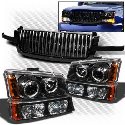 Chevy Silverado 2003-2005 Black Grille and Projector Headlights Bumper Lights