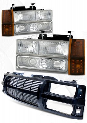 GMC Yukon 1994-1999 Black Billet Grille and Clear Euro Headlights
