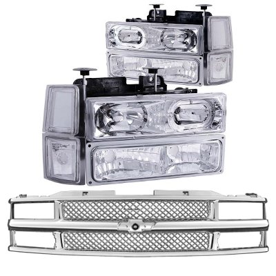 Chevy 1500 Pickup 1994-1998 Chrome Mesh Grille and Halo Euro Headlights Set