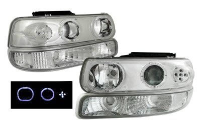 Chevy Silverado 1999-2002 Clear LED Halo Projector Headlights and Bumper Lights