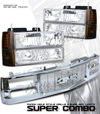GMC Truck 1994-1998 Chrome Grille and Clear Euro Headlights Set