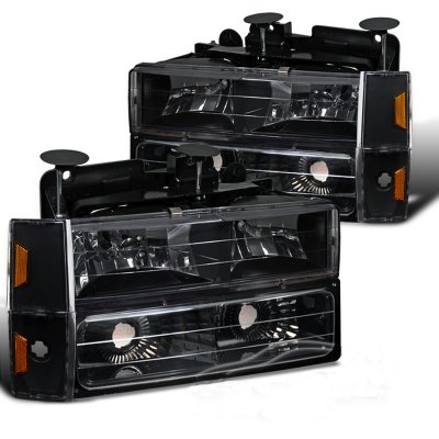 Chevy 2500 Pickup 1988-1993 Black Euro Headlights and Bumper Lights Set