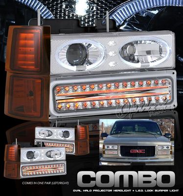 Chevy Suburban 1994-1999 Clear Halo Projector Headlights and Bumper Lights Set