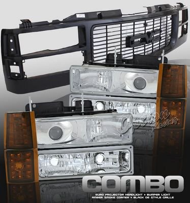 GMC Sierra 2500 1994-2000 Black Grille and Clear Projector Headlights Set