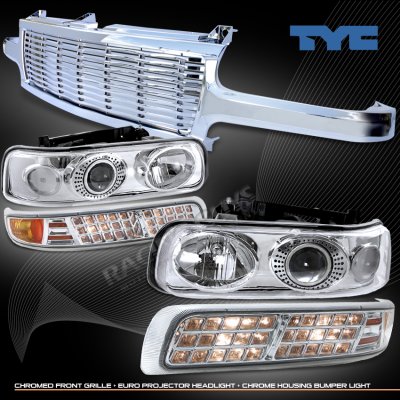 Chevy Tahoe 2000-2006 Chrome Billet Grille and Clear Projector Headlights Set