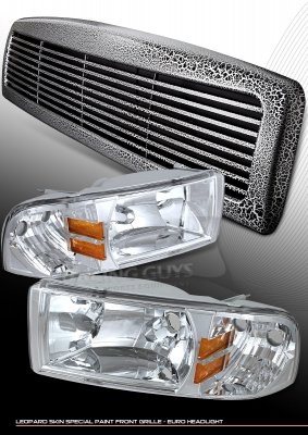 Dodge Ram 1994-2001 Black Billet Grille and Clear Euro Headlights Set