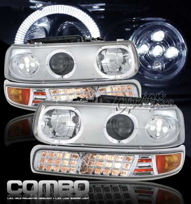 Chevy Suburban 2000-2006 Clear Halo Projector Headlights and Bumper Lights Set